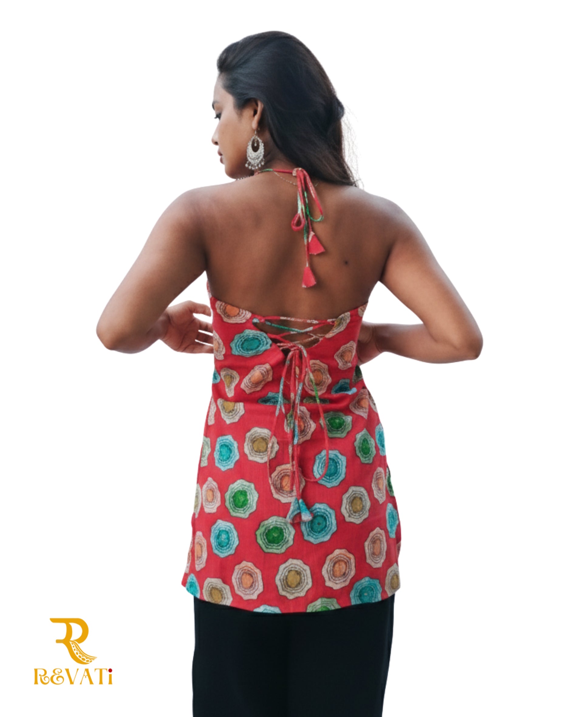 Stylish Halter Neck Pink Kurti with Multicolor Floral Print – Handcrafted Cotton Wear