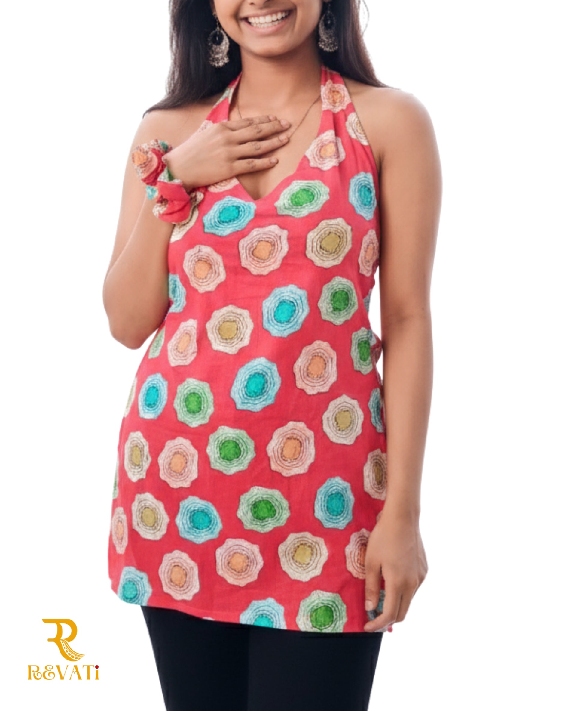 Stylish Halter Neck Pink Kurti with Multicolor Floral Print – Handcrafted Cotton Wear