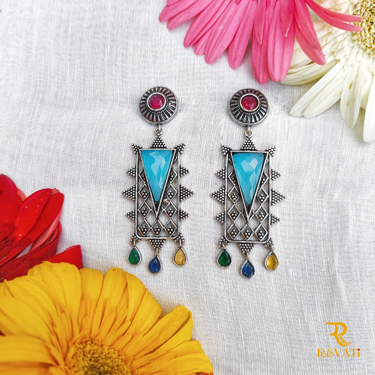 Tribal Oxidized Silver Earrings with Blue Stone & Multicolor Drops – Handcrafted Statement Jewelry