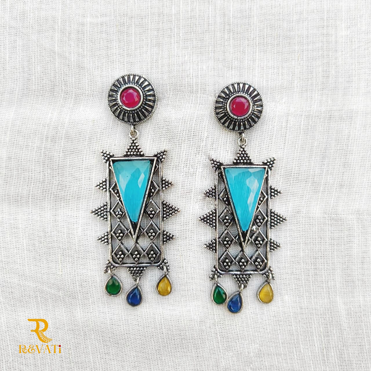 Tribal Oxidized Silver Earrings with Blue Stone & Multicolor Drops – Handcrafted Statement Jewelry