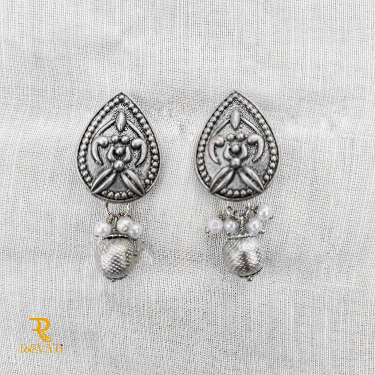 Oxidized Silver Stud Earrings with Pearl Beads – Traditional Ethnic Jewelry