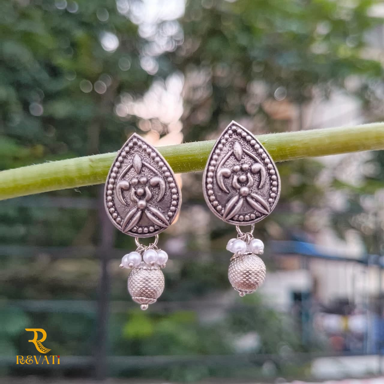 Oxidized Silver Stud Earrings with Pearl Beads – Traditional Ethnic Jewelry