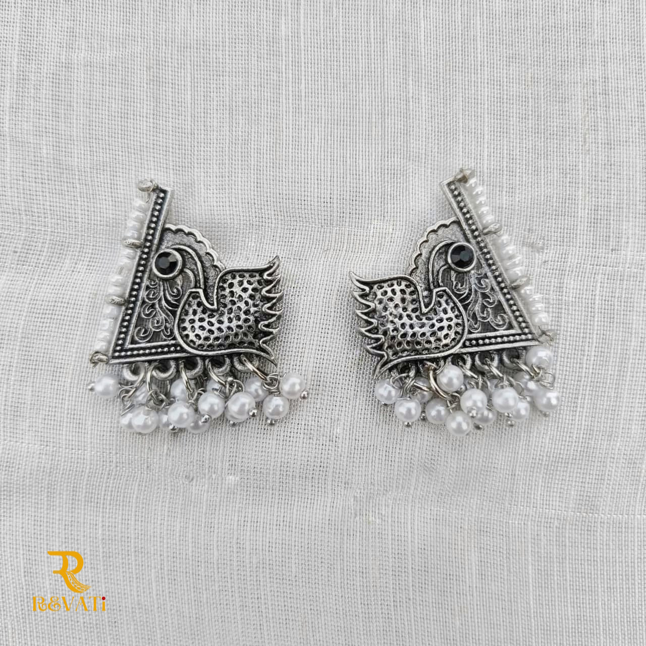 Oxidized Silver Swan Design Earrings with Pearl Drops – Ethnic Handmade Jewelry