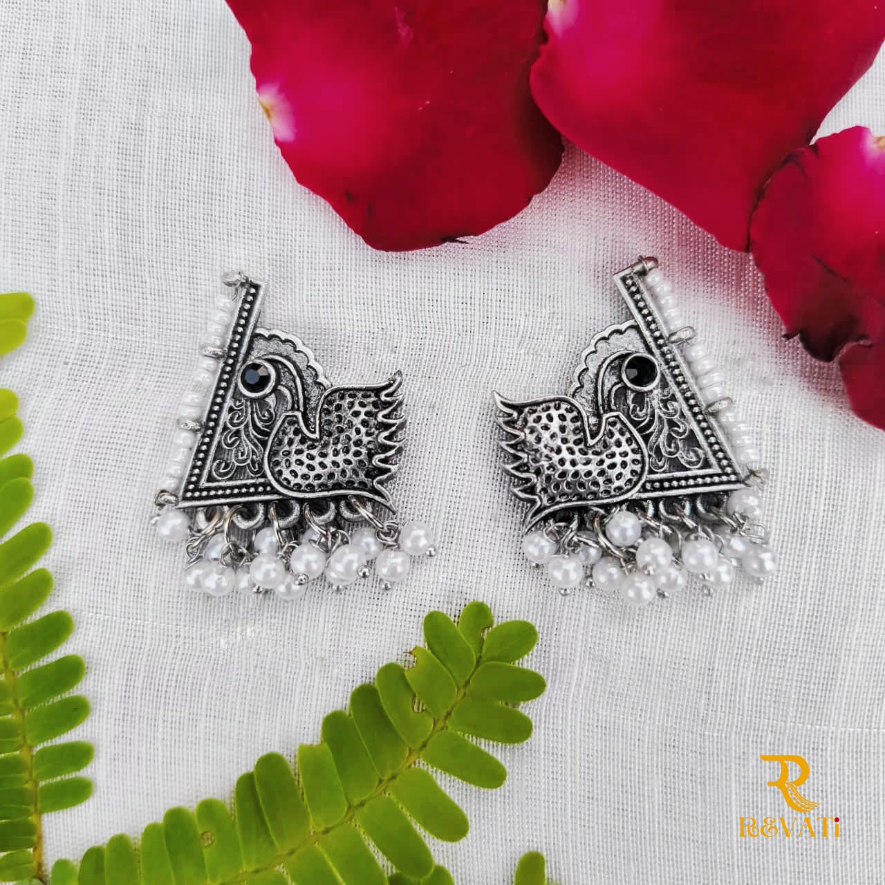 Oxidized Silver Swan Design Earrings with Pearl Drops – Ethnic Handmade Jewelry