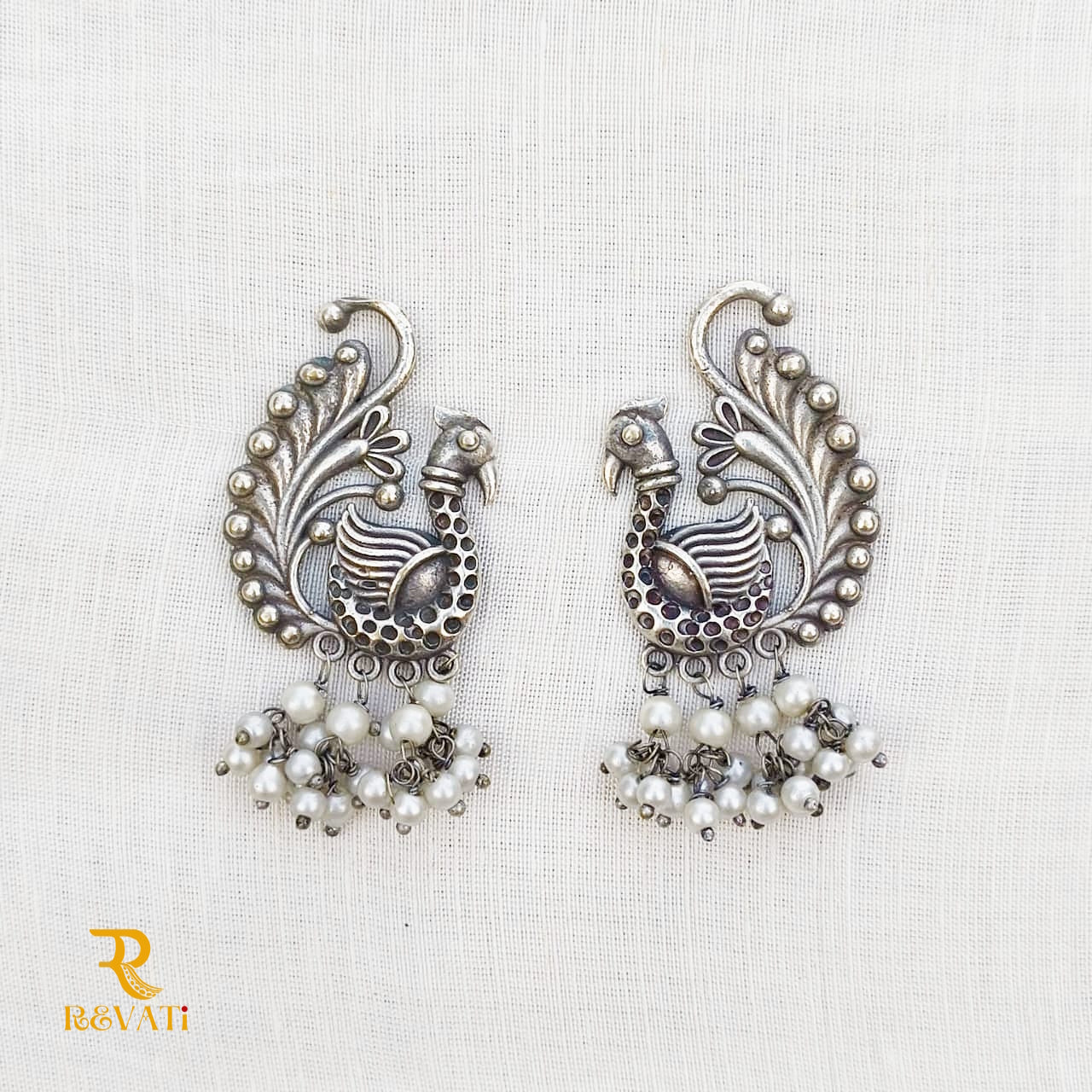 Oxidized Silver Peacock Earrings with Pearl Beads – Traditional Ethnic Jewelry