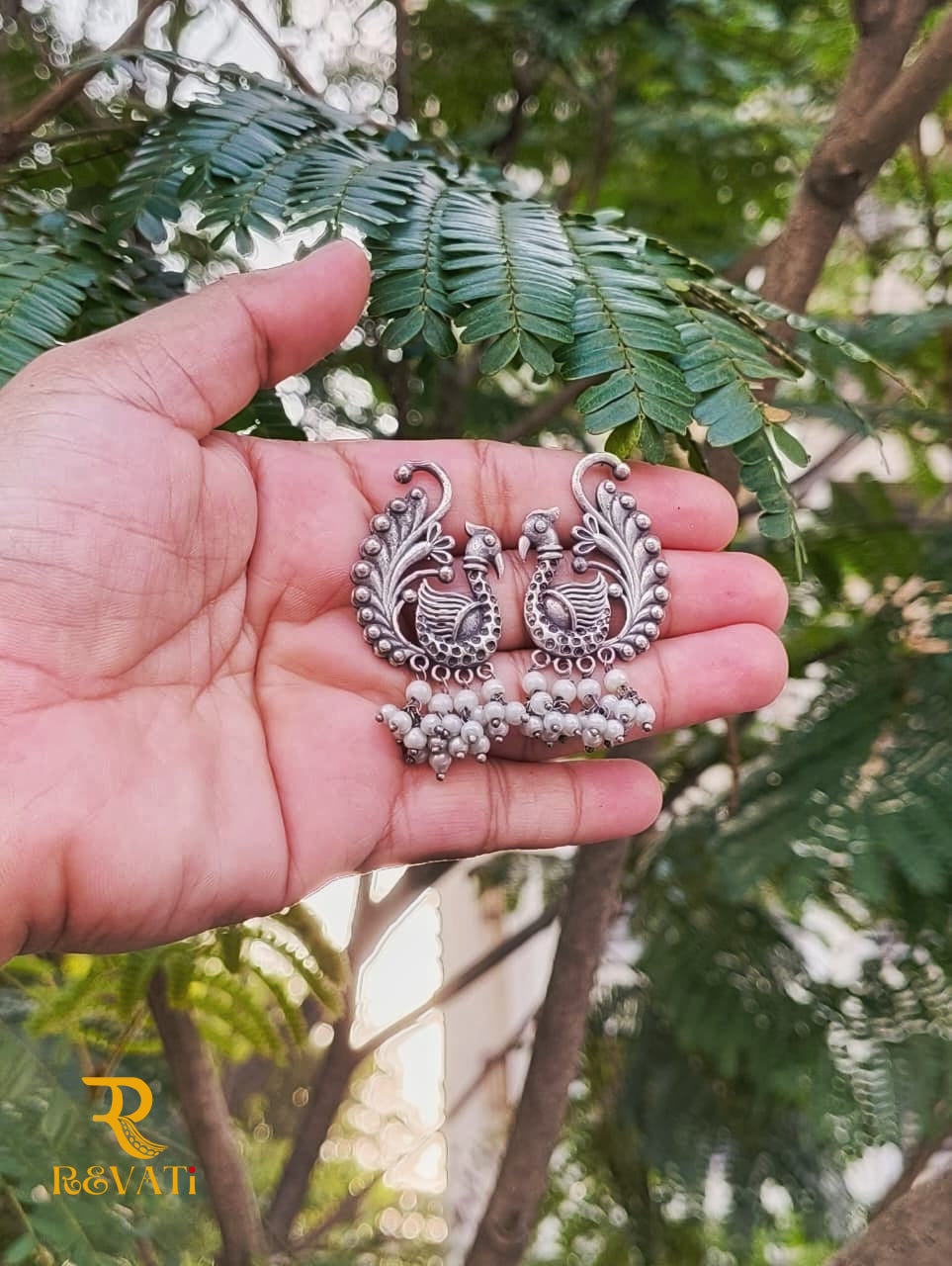 Oxidized Silver Peacock Earrings with Pearl Beads – Traditional Ethnic Jewelry