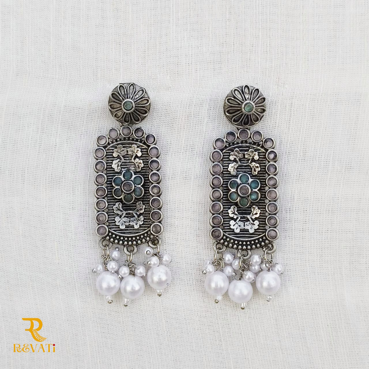 Oxidized Silver Floral Earrings with Pearl Drops – Handcrafted Ethnic Jewelry