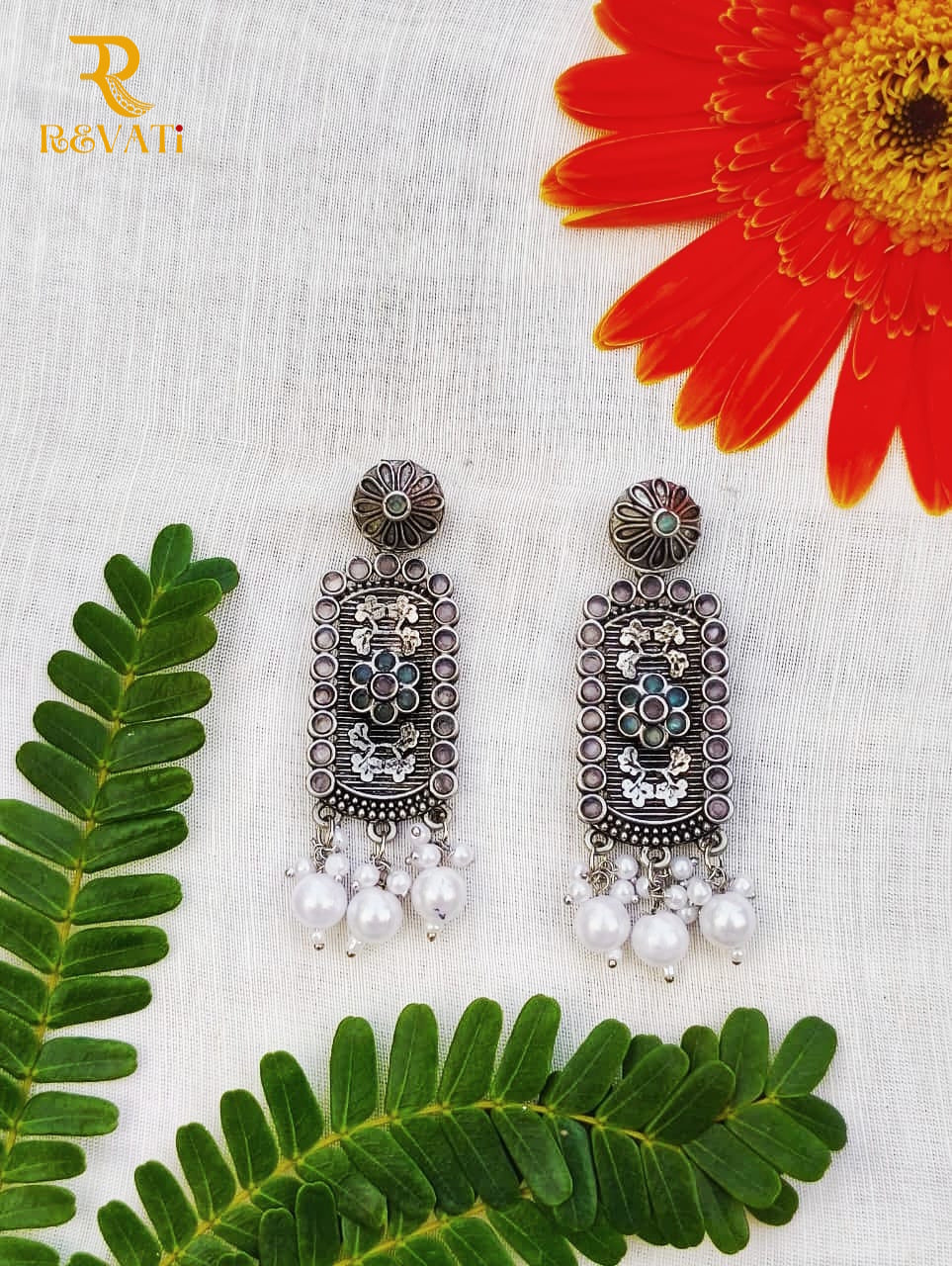 Oxidized Silver Floral Earrings with Pearl Drops – Handcrafted Ethnic Jewelry