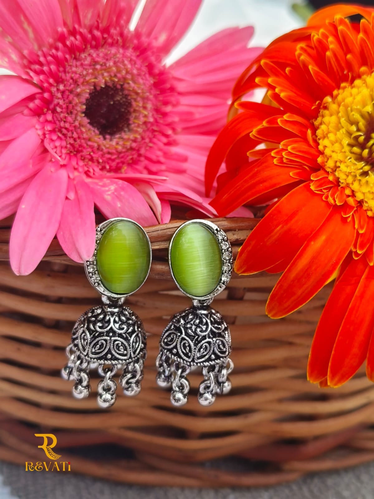 Oxidized Silver Jhumka Earrings with Green Stone – Handcrafted Ethnic Jewelry