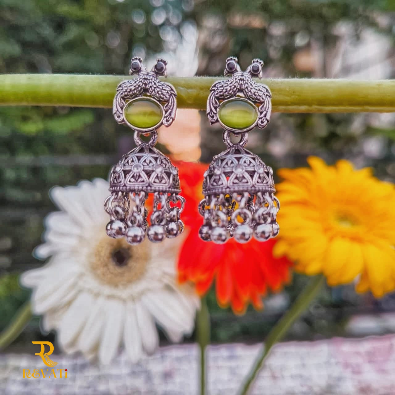 Oxidized Silver Peacock Jhumka Earrings with Green Stone – Traditional Ethnic Jewelry