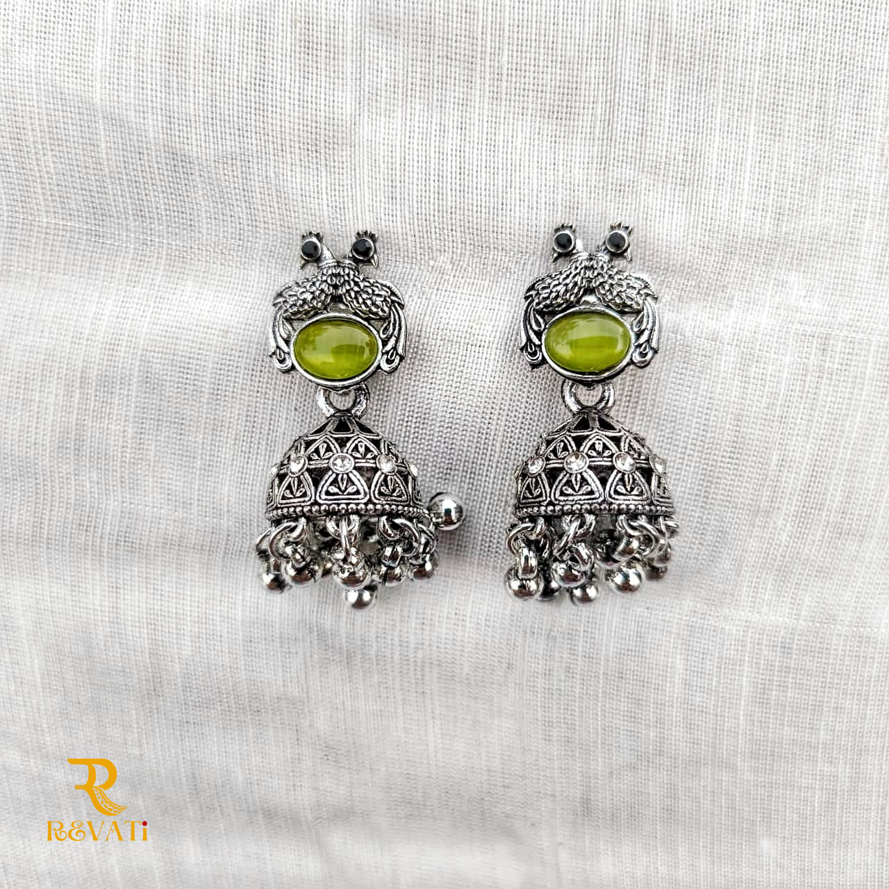 Oxidized Silver Peacock Jhumka Earrings with Green Stone – Traditional Ethnic Jewelry