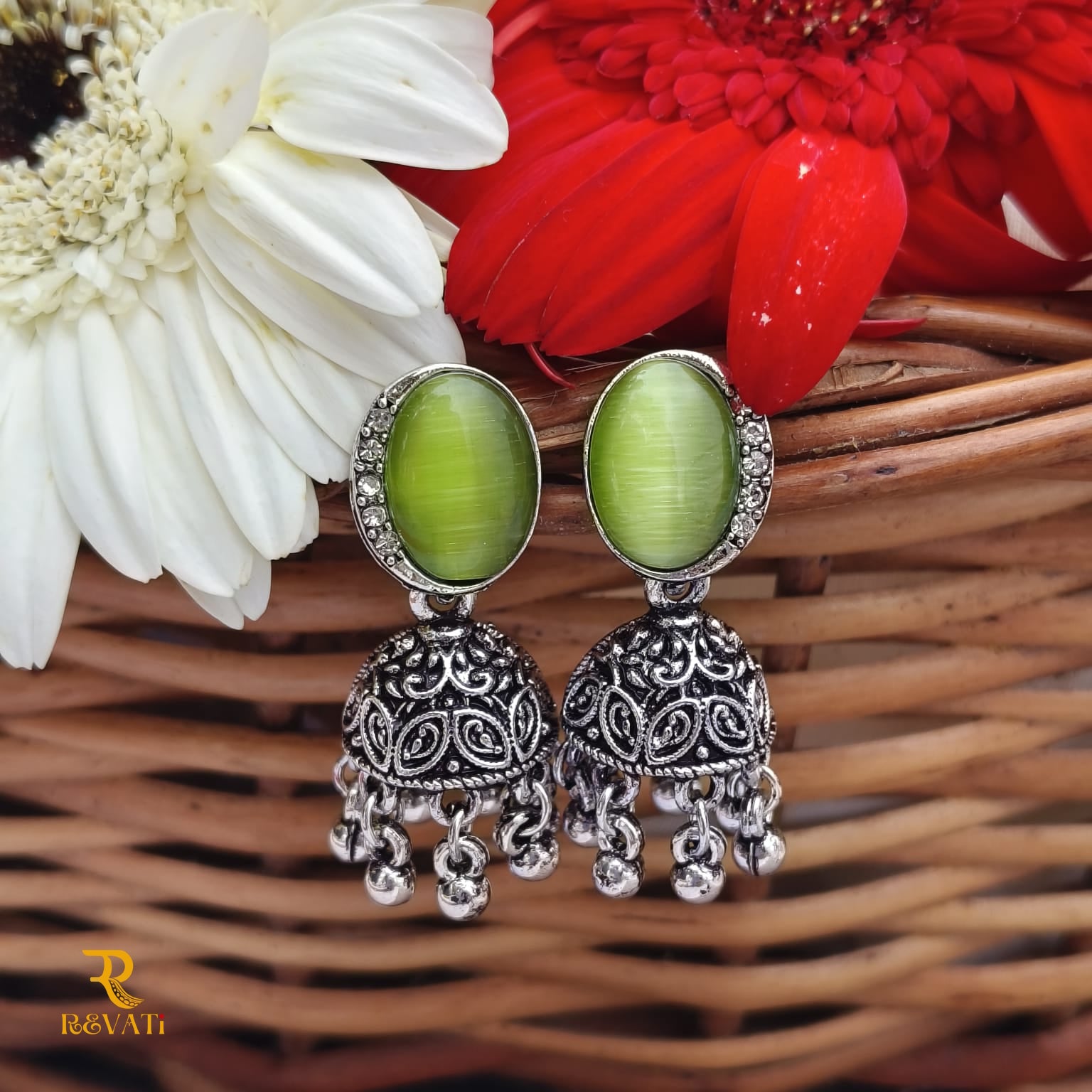 Oxidized Silver Jhumka Earrings with Green Stone – Handcrafted Ethnic Jewelry
