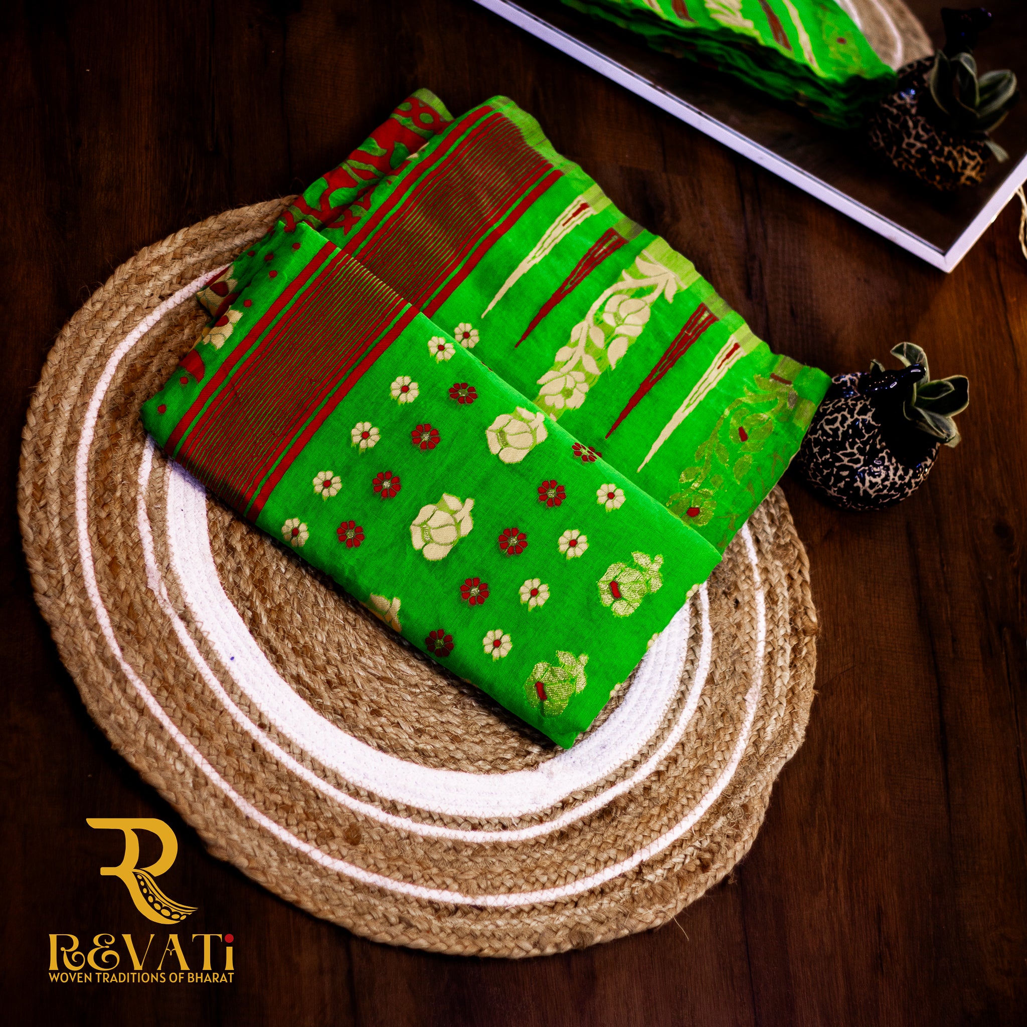 Leaf Green Soft Cotton Saree with Floral Block Print, Folk-Inspired Borders & Multicolor Thread Detailing