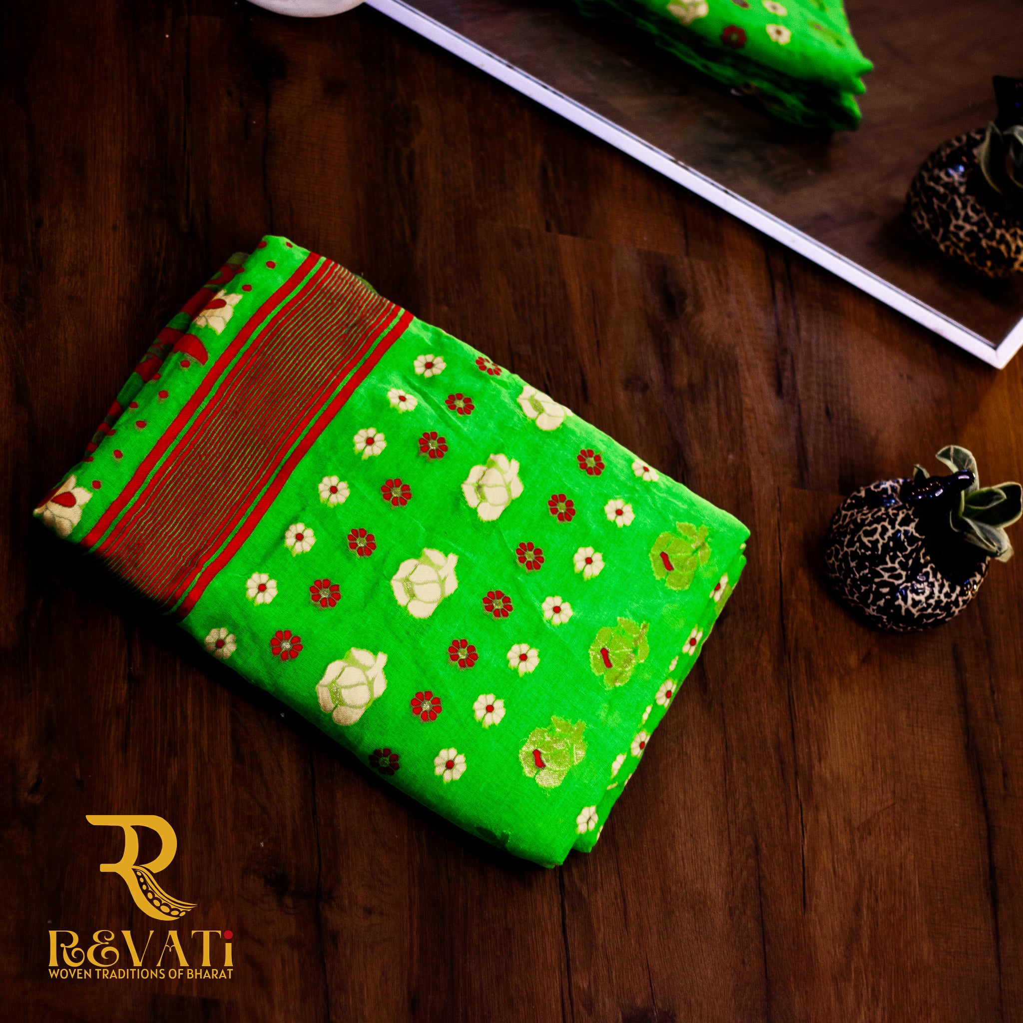 Leaf Green Soft Cotton Saree with Floral Block Print, Folk-Inspired Borders & Multicolor Thread Detailing