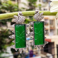 Antique Silver Green Stone Bird Earrings – Handcrafted Ethnic Beauty