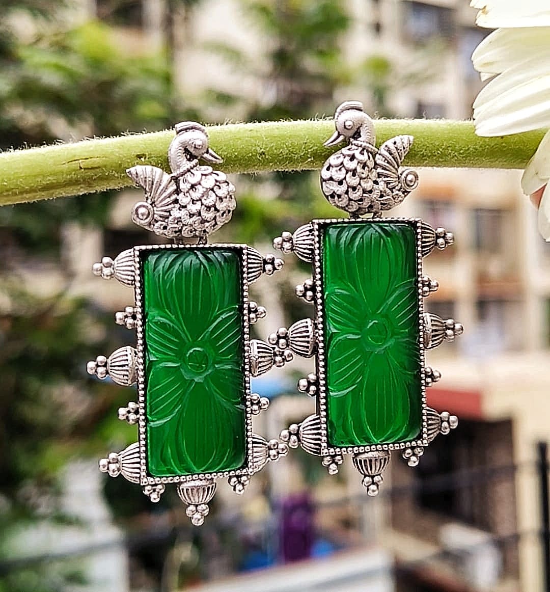 Antique Silver Green Stone Bird Earrings – Handcrafted Ethnic Beauty
