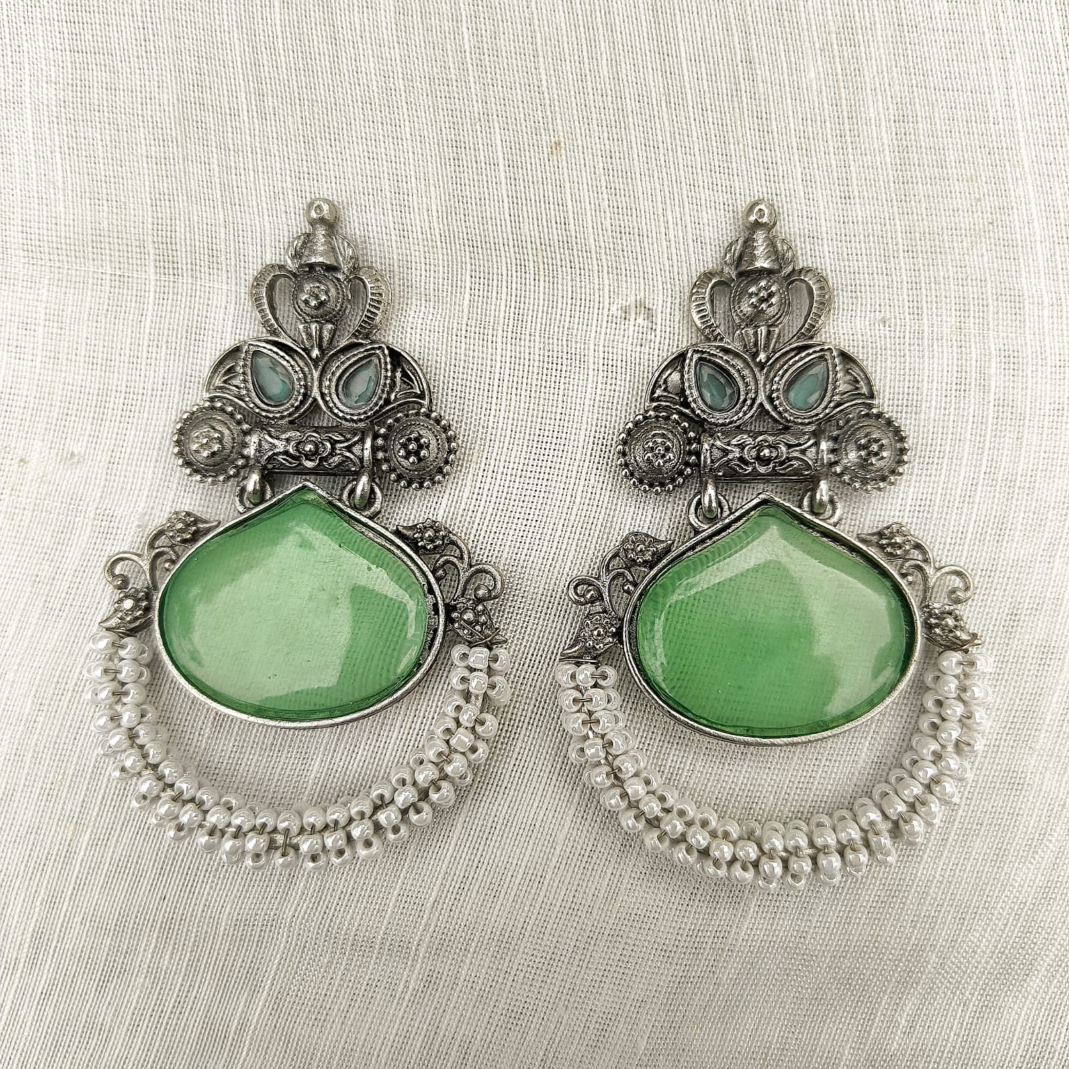 Antique Silver Green Stone Chandbali Earrings – Graceful Ethnic Elegance