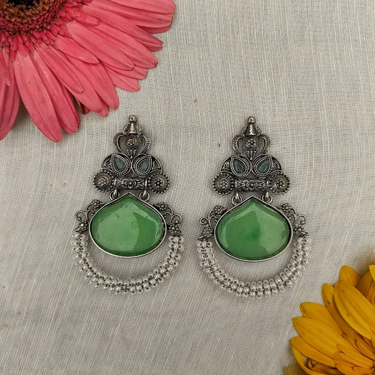 Antique Silver Green Stone Chandbali Earrings – Graceful Ethnic Elegance