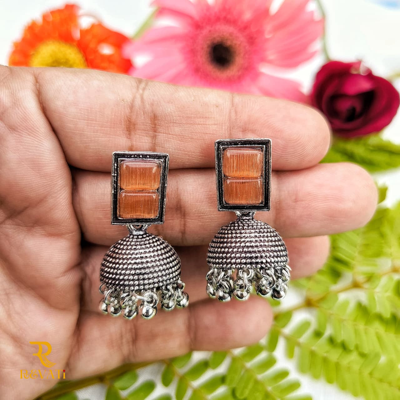 Oxidised Silver Jhumka Earrings Stone – Traditional Ethnic Jewelry for Women