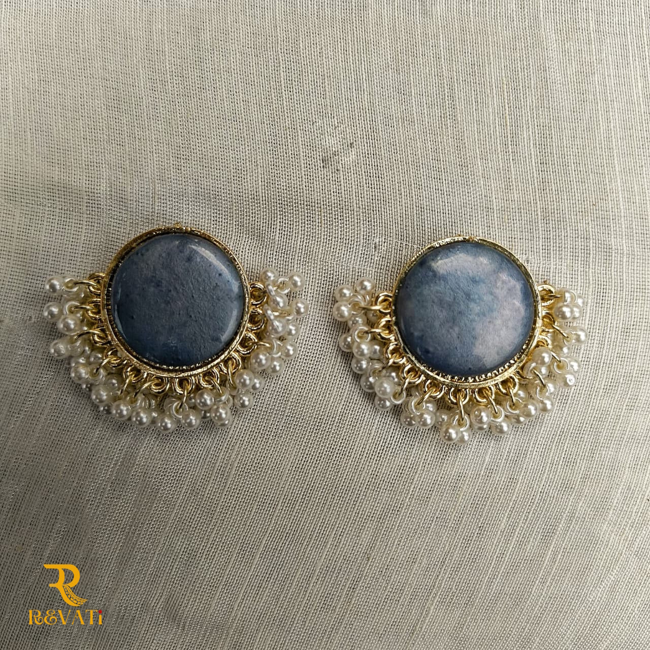 Blue Stone Round Earrings with Pearl Beads – Elegant Traditional Jewelry for Women