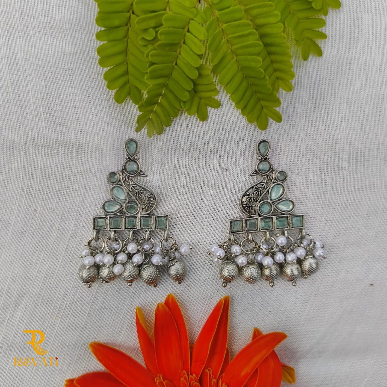 Oxidised Silver Peacock Earrings stone & Pearl Drops – Ethnic Jewelry for Women