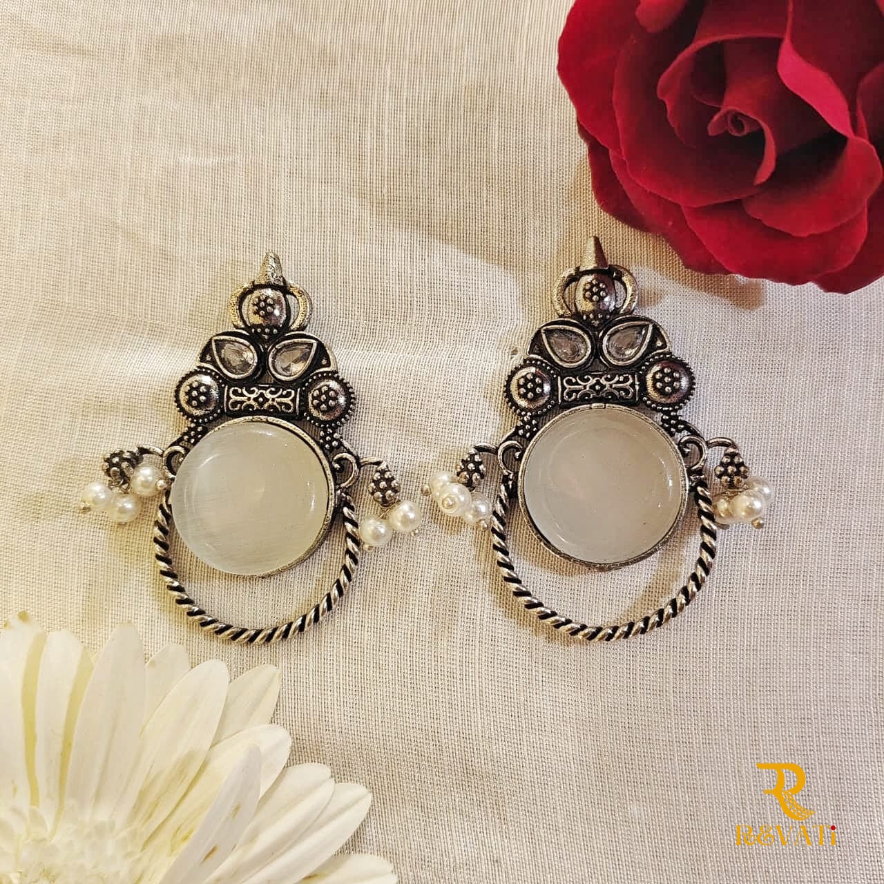 Oxidised Silver Earrings with White Stone & Pearl Beads – Traditional Ethnic Jewelry for Women