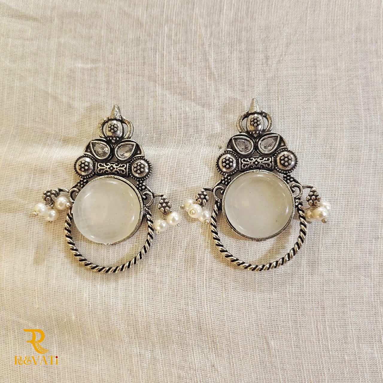 Oxidised Silver Earrings with White Stone & Pearl Beads – Traditional Ethnic Jewelry for Women