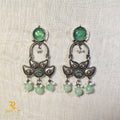 Oxidised Silver Lotus Dangle Earrings with Green Beads – Handcrafted Ethnic Jewelry