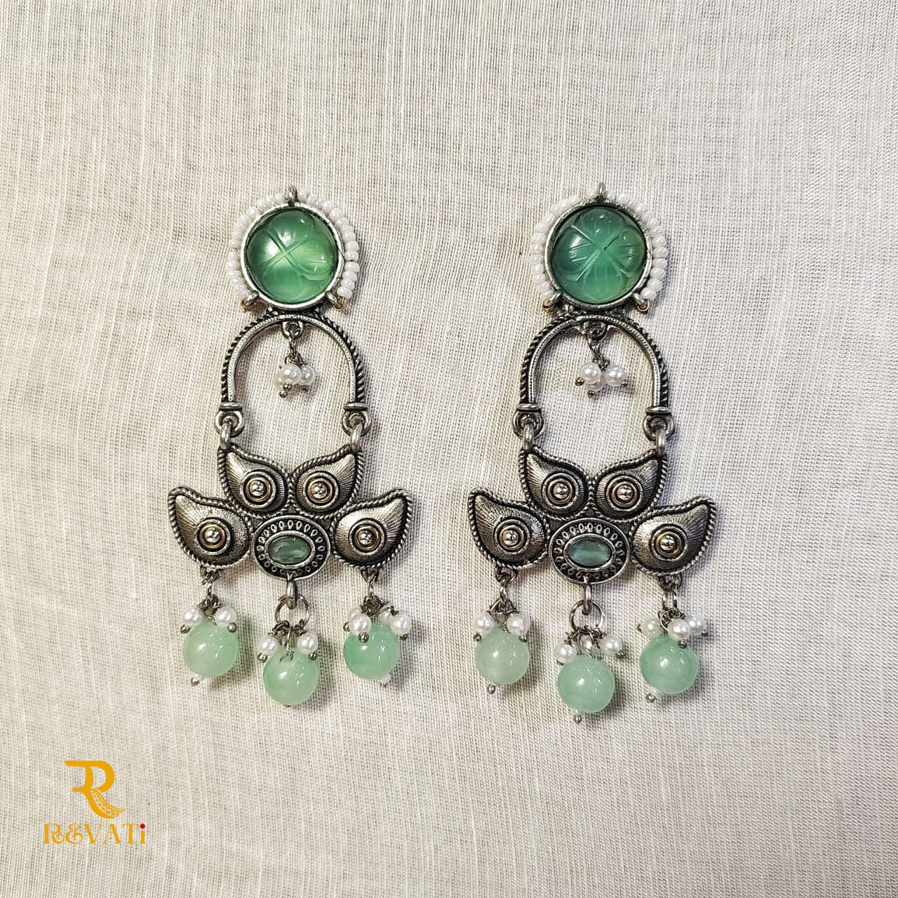 Oxidised Silver Lotus Dangle Earrings with Green Beads – Handcrafted Ethnic Jewelry