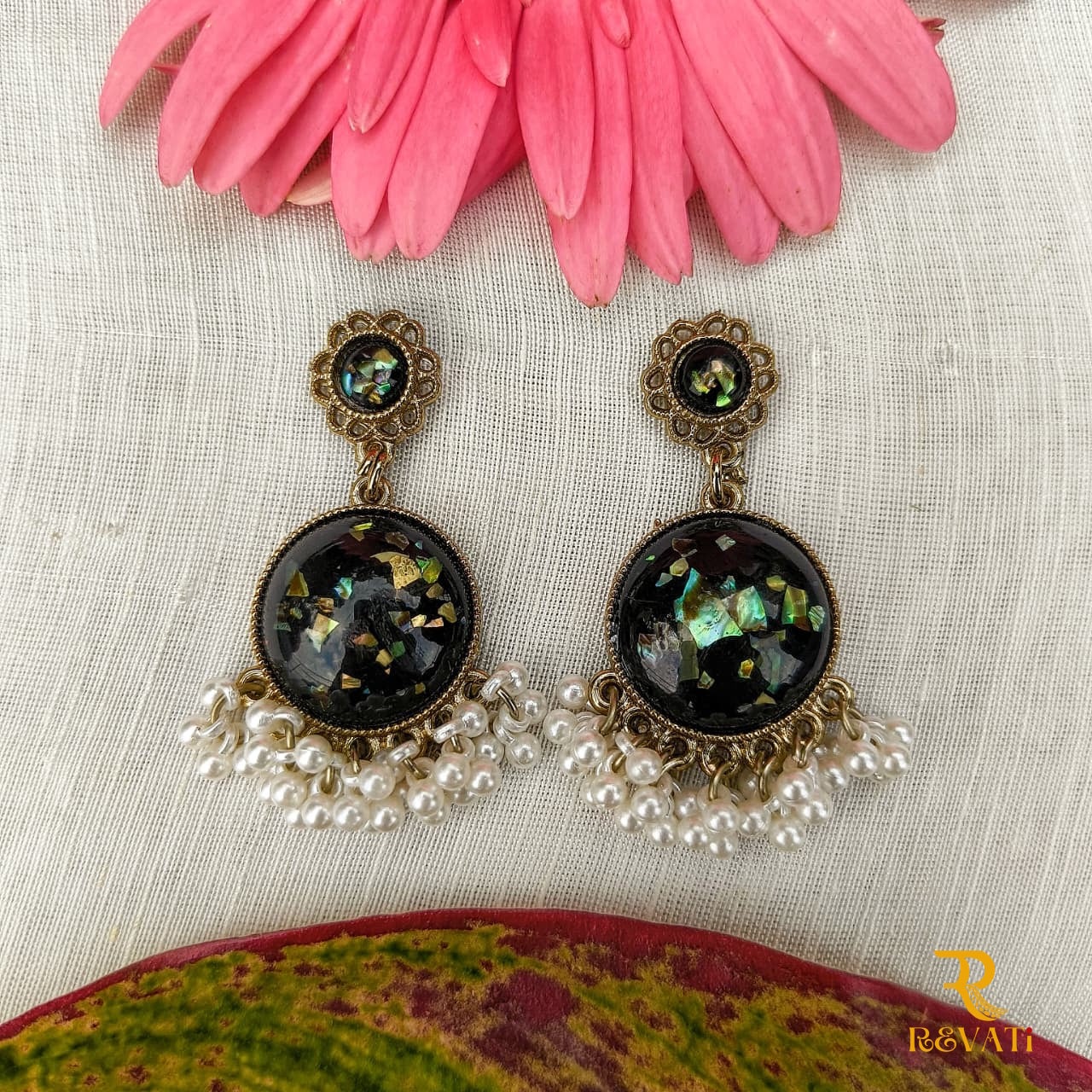 Antique Gold Black Stone Earrings with Pearls – Handcrafted Party & Ethnic Jewelry