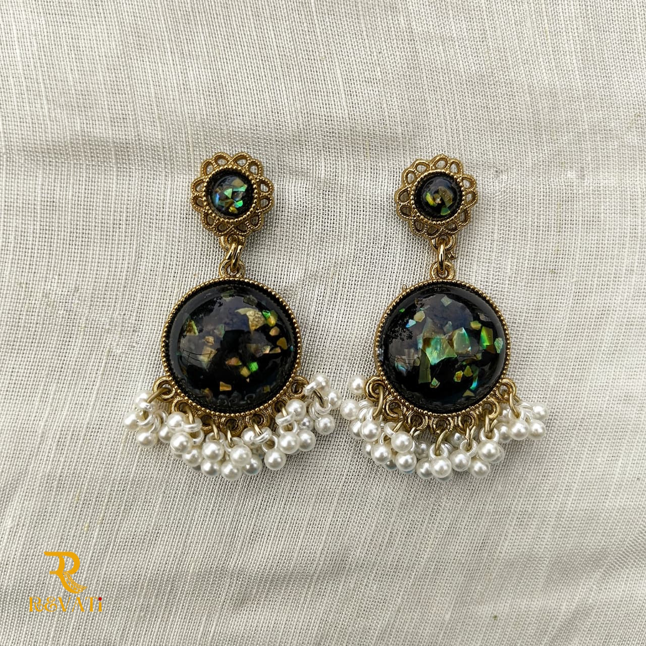 Antique Gold Black Stone Earrings with Pearls – Handcrafted Party & Ethnic Jewelry