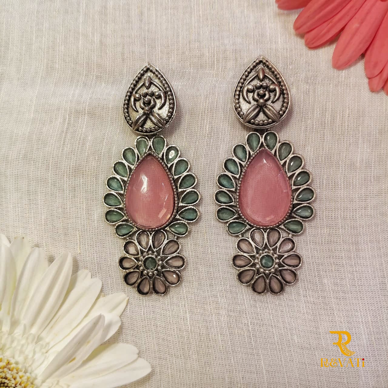 Oxidised Silver Earrings with Pink Stone & Floral Design – Ethnic Jewelry for Women
