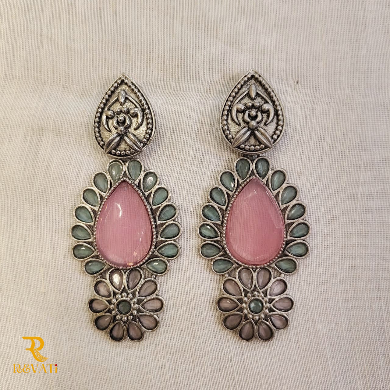 Oxidised Silver Earrings with Pink Stone & Floral Design – Ethnic Jewelry for Women