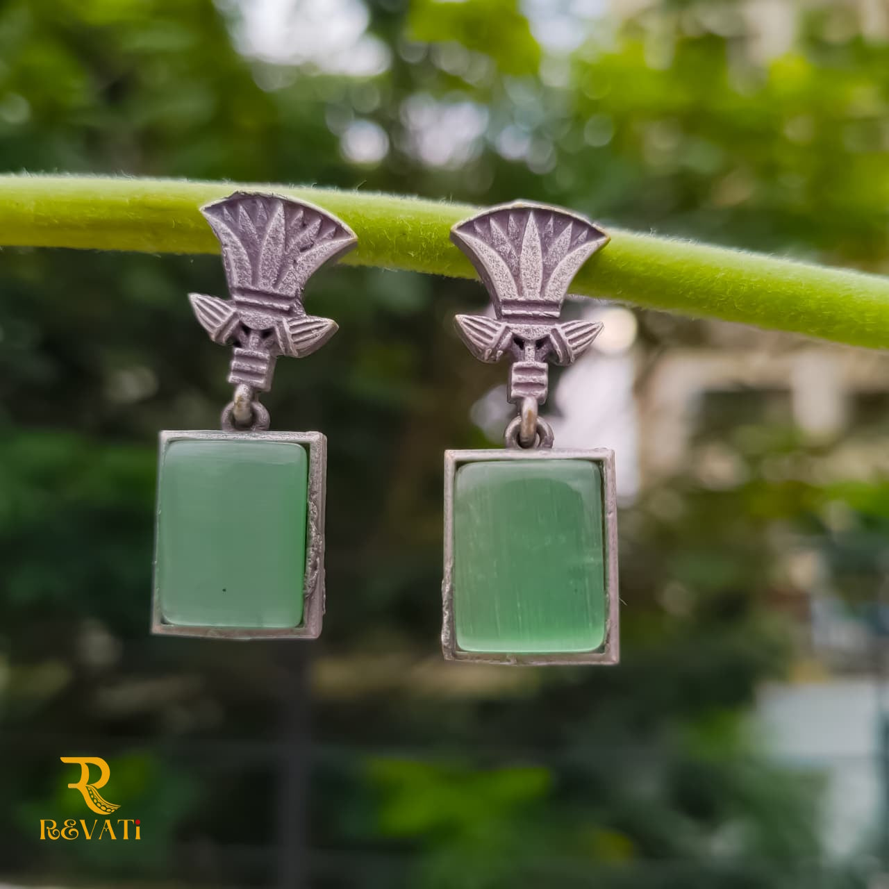 Oxidised Silver Earrings with Green Rectangular Stone – Elegant Ethnic Jewelry for Women