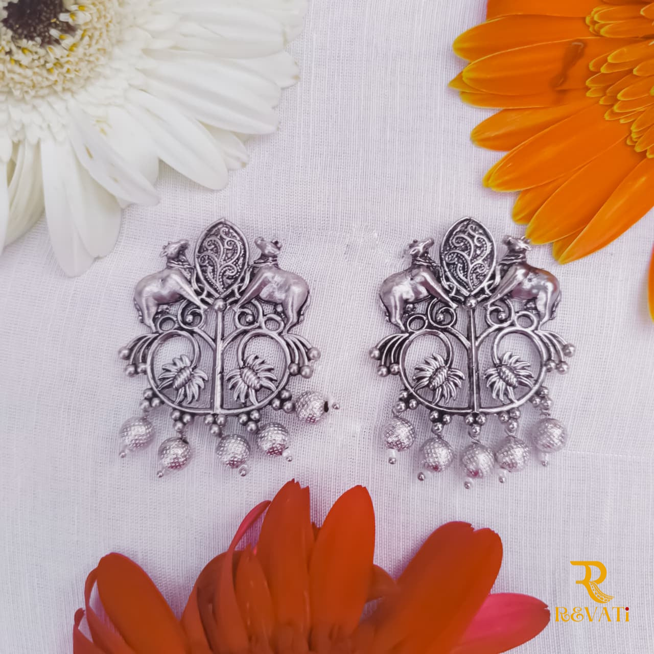 Oxidized Silver Cow Motif Earrings – Handcrafted Tribal Statement Jewelry