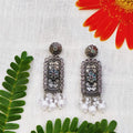 Oxidized Silver Floral Earrings with Pearl Drops – Handcrafted Ethnic Jewelry