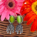 Oxidized Silver Jhumka Earrings with Green Stone – Handcrafted Ethnic Jewelry