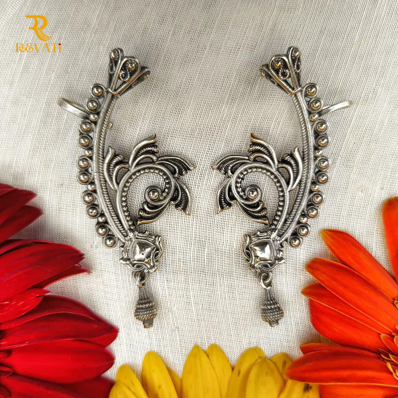Oxidised Silver Floral Ear Cuff Earrings – Stylish Ethnic Statement Jewelry for Women