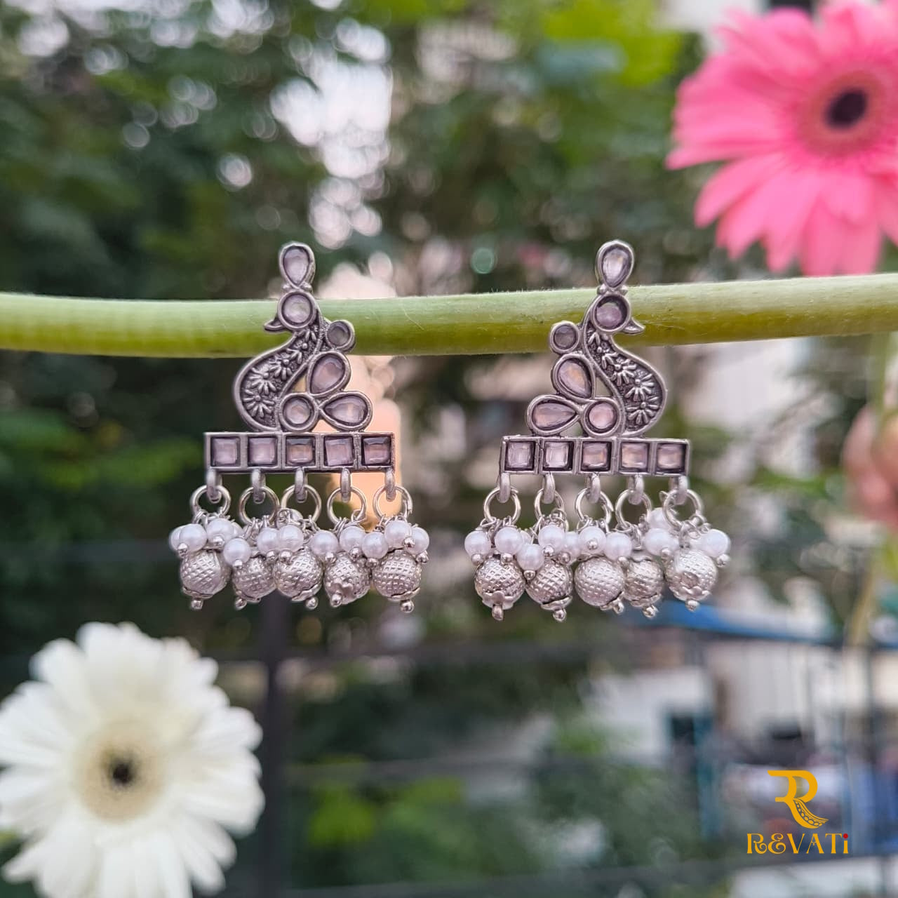 Oxidised Silver Peacock Earrings stone & Pearl Drops – Ethnic Jewelry for Women